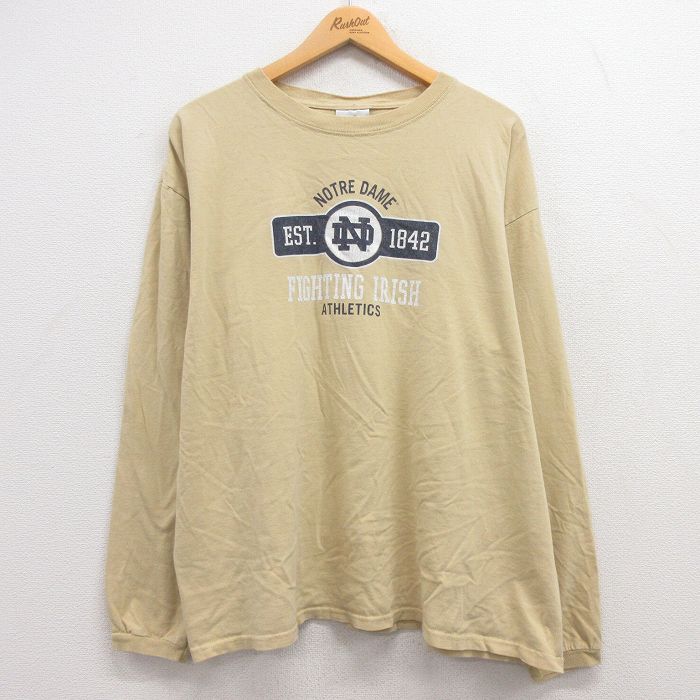 XL★古着 アディダス adidas 長袖 ビンテージ Tシャツ メンズ 00年代 00s ノートルダム ファイティングアイリッシュ 大きいサイズ コットン クルーネック ベージュ カーキ 24feb13 中古