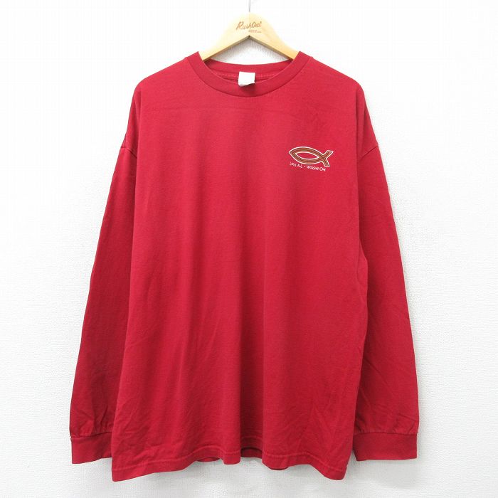 【50%OFF】XL★古着 長袖 ビンテージ Tシャツ メンズ 00年代 00s 魚 大きいサイズ コットン クルーネック エンジ 24mar06 中古
