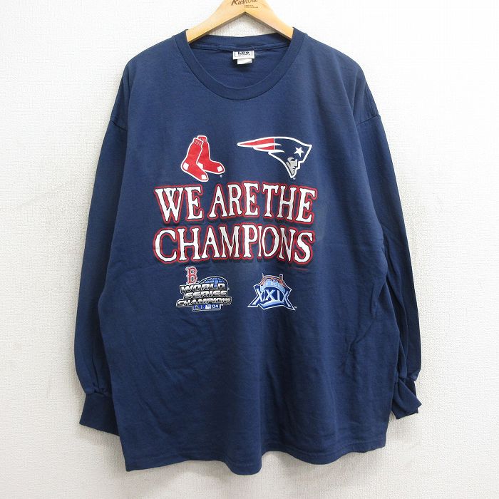 XL★古着 リー Lee 長袖 ビンテージ Tシャツ メンズ 00年代 00s NFL ニューイングランドペイトリオッツ MLB ボストンレッドソックス 大きいサイズ コットン クルーネック 紺 ネイビー アメフト スーパーボウル メジャーリーグ ベースボール 野球 【spe】 24may27
