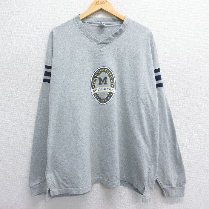 XL★古着 フルーツオブザルーム 長袖 ビンテージ Tシャツ メンズ 00年代 00s ミシガン大学 大きいサイズ Vネック グレー他 霜降り 24may28 中古