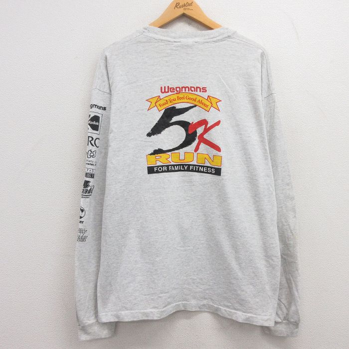 【50%OFF】XL★古着 長袖 ビンテージ Tシャツ メンズ 90年代 90s RUN 企業広告 大きいサイズ クルーネック USA製 薄グレー 霜降り 24jun05 中古