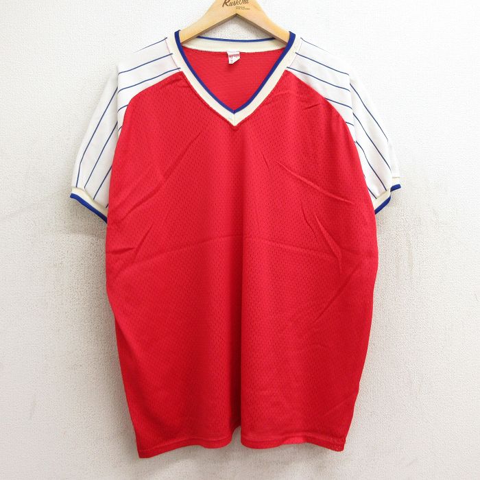 XL★古着 半袖 ビンテージ Tシャツ メンズ 90年代 90s ラグラン メッシュ地 大きいサイズ Vネック 赤他 レッド 24jul01 中古