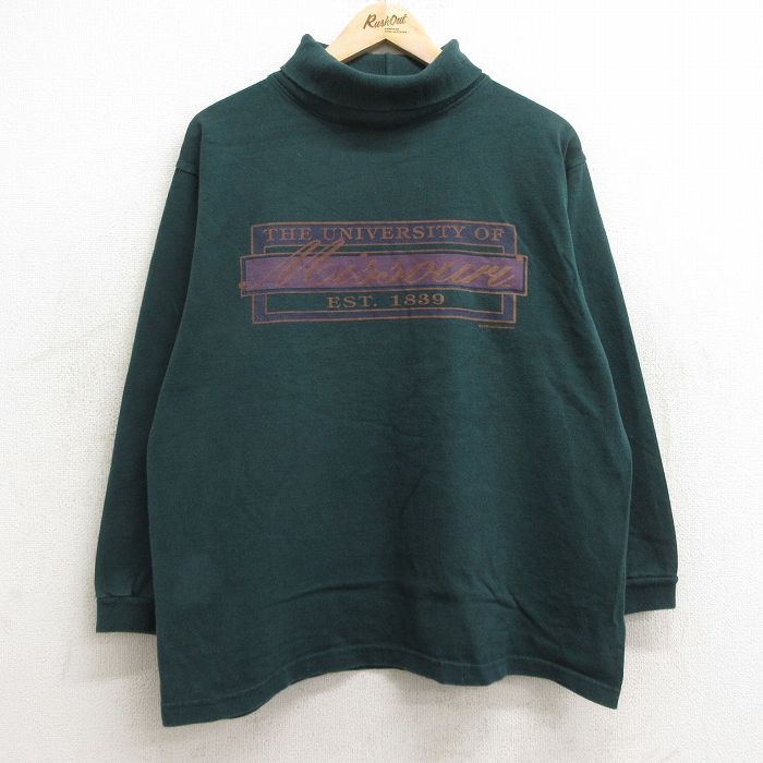 【50%OFF】XL★古着 長袖 ビンテージ Tシャツ メンズ 90年代 90s ミズーリ 大学 ハイネック タートルネック USA製 緑 グリーン 24jul01 中古