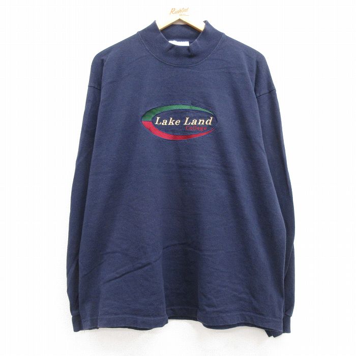 【50%OFF】XL★古着 長袖 ビンテージ Tシャツ メンズ 90年代 90s レイクランド カレッジ 刺繍 大きいサイズ コットン モックネック ハイネック USA製 紺 ネイビー 【spe】 24jul08 中古