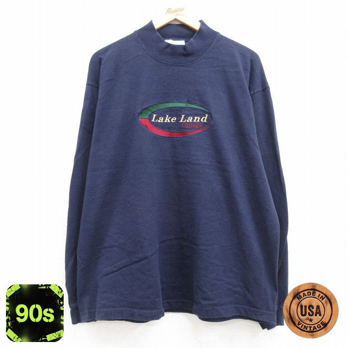 90s 長袖Tシャツ レイクランド カレッジ刺繍 ネイビー XL | 古着