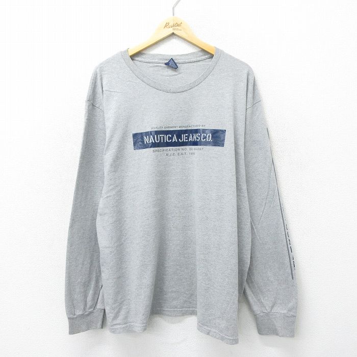 XL★古着 ノーティカ NAUTICA ジーンズ 長袖 ブランド Tシャツ メンズ ビッグロゴ 大きいサイズ クルーネック グレー 霜降り 24jul27 中古