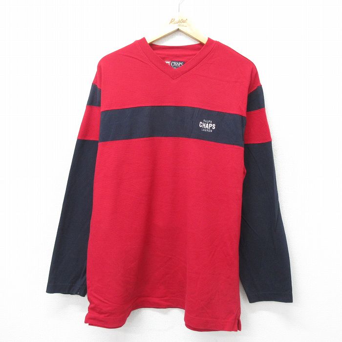 XL★古着 ラルフローレン Ralph Lauren チャップス 長袖 ブランド Tシャツ メンズ 90年代 90s ワンポイントロゴ 大きいサイズ ツートンカラー コットン クルーネック 赤他 レッド 24jul27 中古