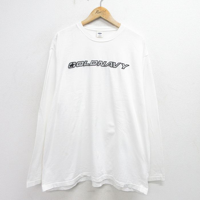 【50%OFF】XL★古着 オールドネイビー OLD NAVY 長袖 Tシャツ メンズ ビッグロゴ 刺繍 大きいサイズ コットン クルーネック 白 ホワイト 24jul29 中古