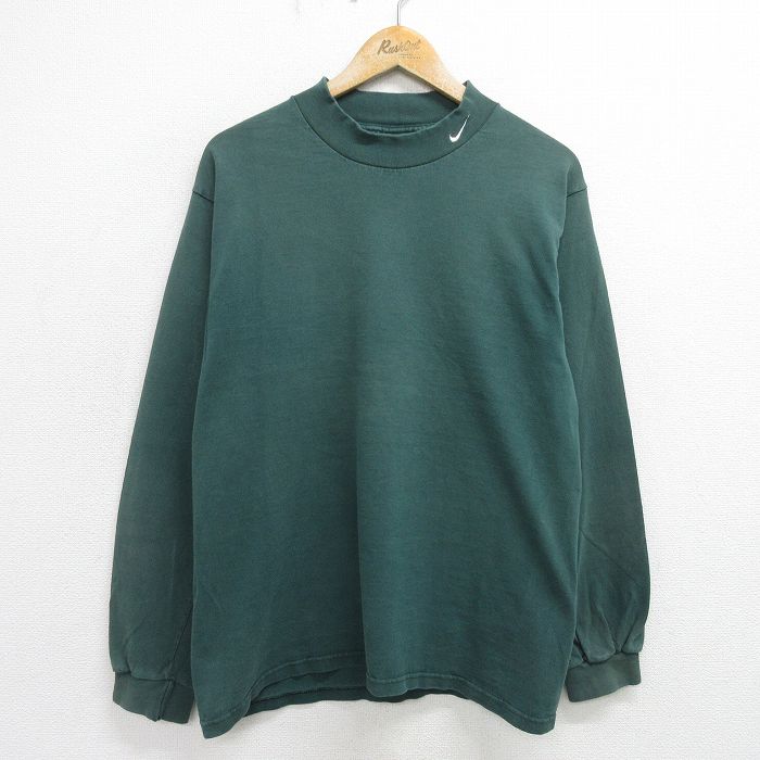 L★古着 ナイキ NIKE 長袖 ビンテージ Tシャツ メンズ 90年代 90s ワンポイントロゴ コットン モックネック ハイネック USA製 緑 グリーン 【spe】 24aug03 中古