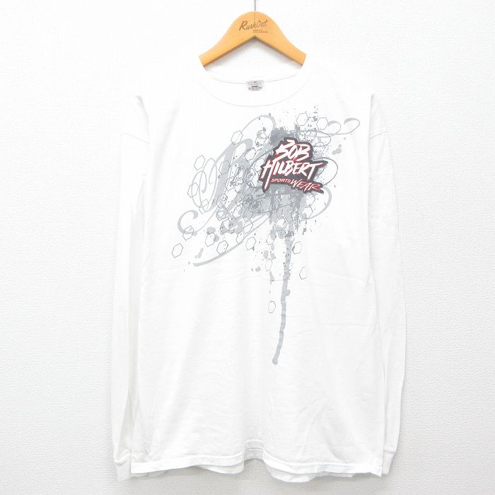 【50%OFF】XL★古着 長袖 Tシャツ メンズ 00年代 00s BOB HILBERT 大きいサイズ コットン クルーネック 白 ホワイト 24aug20 中古
