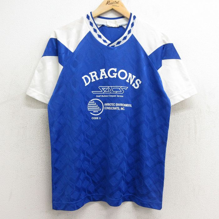 【50%OFF】L★古着 半袖 ビンテージ Tシャツ メンズ 90年代 90s DRAGONS 11 ラグラン Vネック USA製 青他 ブルー 24aug21 中古