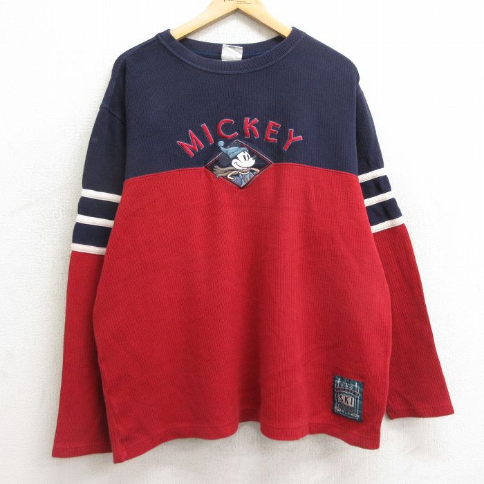 XL★古着 長袖 ビンテージ Tシャツ メンズ 00年代 00s ディズニー DISNEY ミッキー MICKEY MOUSE 刺繍 ツートンカラー 大きいサイズ コットン クルーネック 赤他 レッド 24sep26 中古