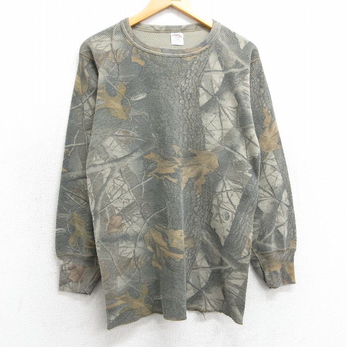 L★古着 長袖 サーマル Tシャツ メンズ リアルツリー クルーネック ベージュ系 カーキ 迷彩 25feb14 中古