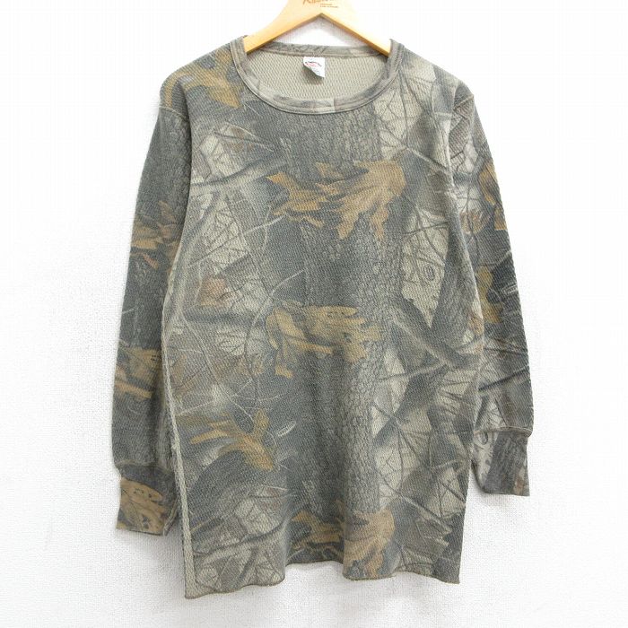 L★古着 長袖 サーマル Tシャツ メンズ リアルツリー クルーネック ベージュ系 カーキ 迷彩 25feb14 中古