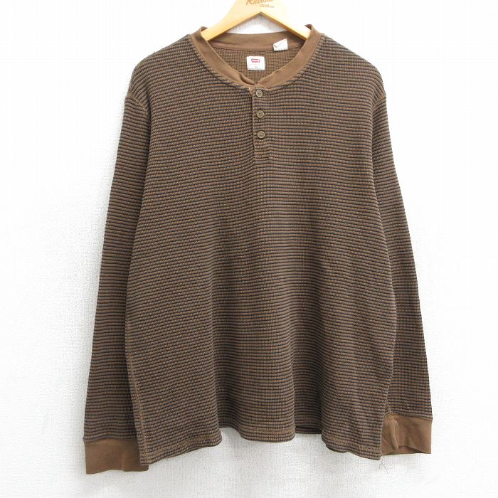 XL★古着 リーバイス Levis 長袖 サーマル Tシャツ メンズ 大きいサイズ コットン ヘンリーネック 茶他 ブラウン ボーダー 25feb14 中古