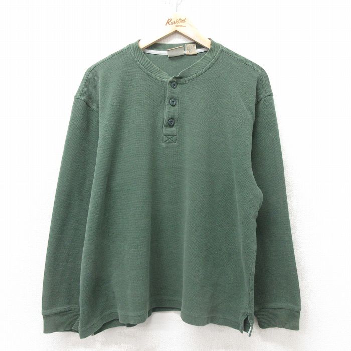 XL★古着 エルエルビーン LLBEAN 長袖 ビンテージ サーマル Tシャツ メンズ 00年代 00s 無地 大きいサイズ コットン ヘンリーネック 緑 グリーン 25feb14 中古