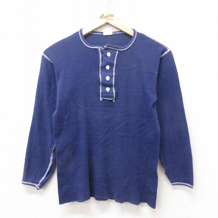 M★古着 長袖 ビンテージ サーマル Tシャツ メンズ 70年代 70s コットン ヘンリーネック 紺 ネイビー 25feb14 中古