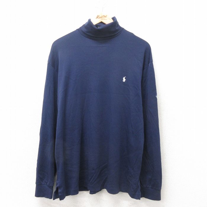 M★古着 ラルフローレン Ralph Lauren ポロゴルフ 長袖 ブランド Tシャツ メンズ 90年代 90s ワンポイントロゴ コットン タートルネック ハイネック 紺 ネイビー 25feb14 中古