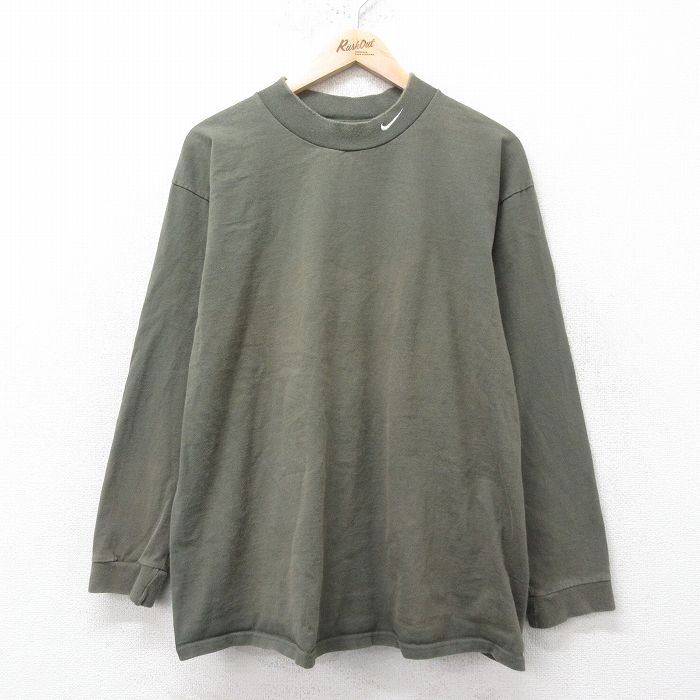 XL★古着 ナイキ NIKE 長袖 ビンテージ Tシャツ メンズ 00年代 00s ワンポイントロゴ コットン モックネック ハイネック 緑 グリーン 25feb14 中古