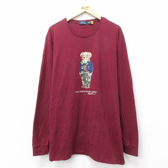 XL★古着 ラルフローレン Ralph Lauren 長袖 ブランド Tシャツ メンズ ポロベア 大きいサイズ ロング丈 コットン クルーネック エンジ 25feb14 中古