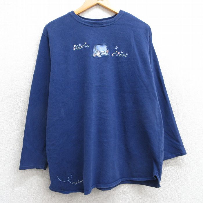XL★古着 長袖 Tシャツ メンズ 00年代 00s ディズニー DISNEY くまのプーさん イーヨー 刺繍 コットン クルーネック 紺 ネイビー 25feb15 中古