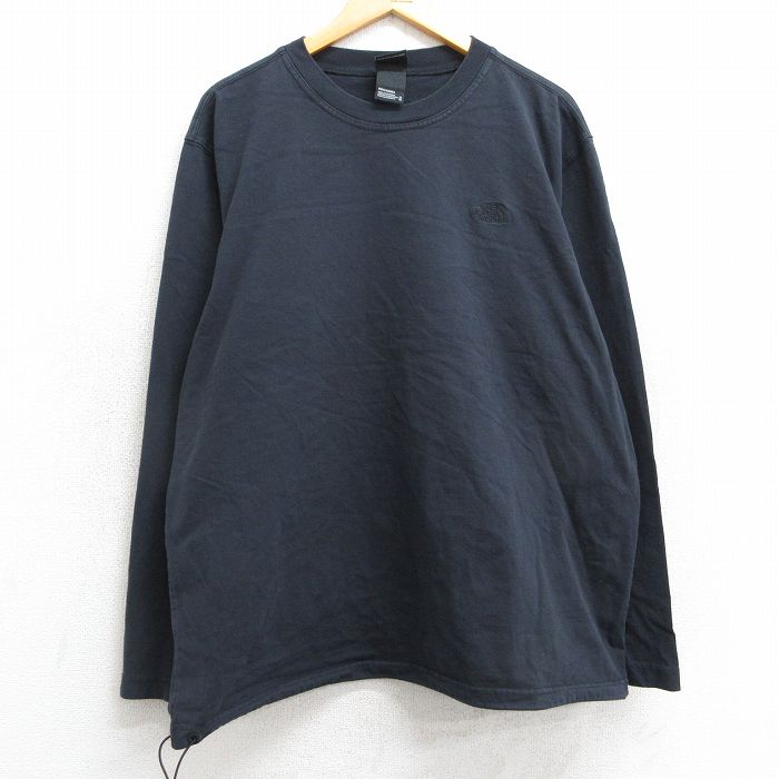 XL★古着 ノースフェイス THE NORTH FACE 長袖 Tシャツ メンズ ワンポイントロゴ 大きいサイズ コットン クルーネック 黒 ブラック 25feb15 中古