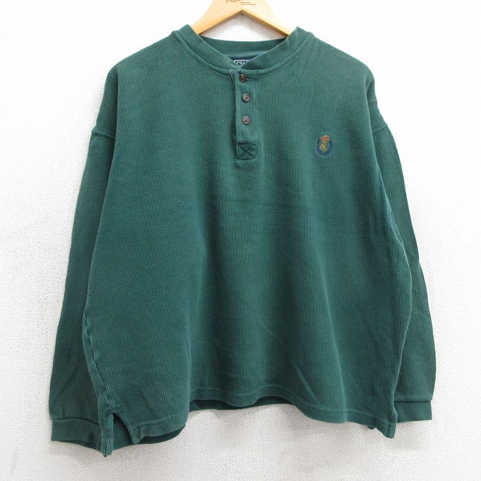XL★古着 ラルフローレン Ralph Lauren チャップス 長袖 ビンテージ ブランド Tシャツ メンズ 80年代 80s ワンポイントロゴ 大きいサイズ コットン ヘンリーネック 緑 グリーン 25feb15 中古