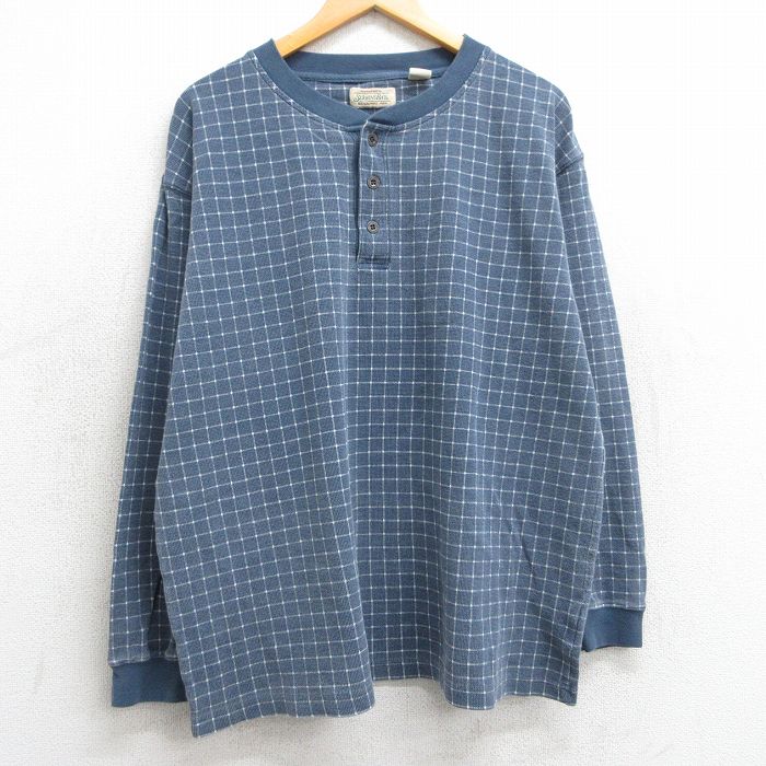 XL★古着 セントジョンズベイ 長袖 ビンテージ Tシャツ メンズ 00年代 00s 大きいサイズ コットン ヘンリーネック 薄紺他 ネイビー チェック 25feb15 中古
