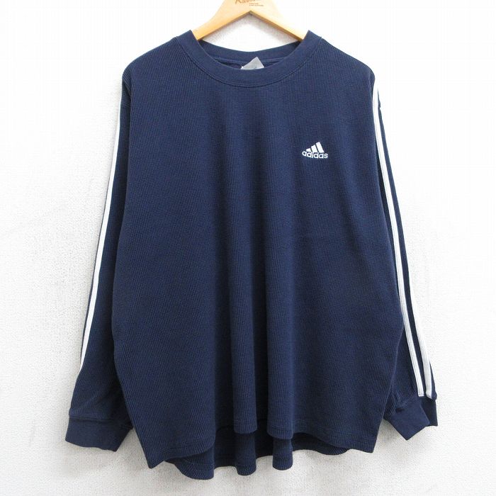XL★古着 アディダス adidas 長袖 ビンテージ サーマル Tシャツ メンズ 90年代 90s ワンポイントロゴ 大きいサイズ クルーネック 紺 ネイビー 3本ライン 25feb15 中古