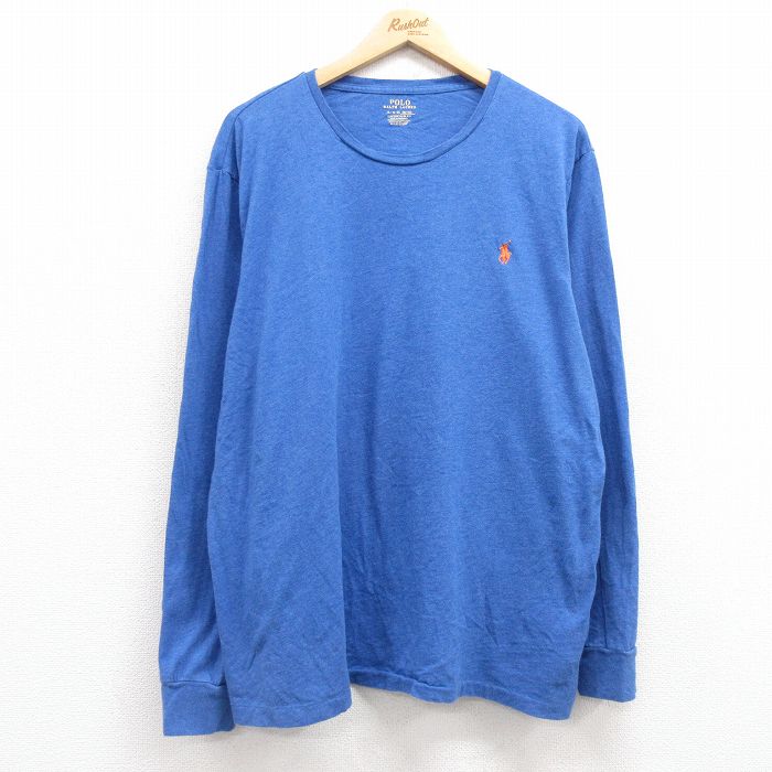 XL★古着 ラルフローレン Ralph Lauren 長袖 ブランド Tシャツ メンズ ワンポイントロゴ 大きいサイズ コットン クルーネック 青 ブルー 霜降り 【spe】 25feb27 中古