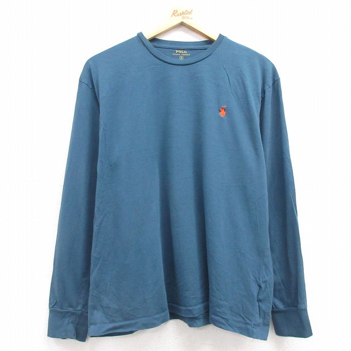 L★古着 ラルフローレン Ralph Lauren 長袖 ブランド Tシャツ メンズ ワンポイントロゴ コットン クルーネック 青緑 25feb27 中古