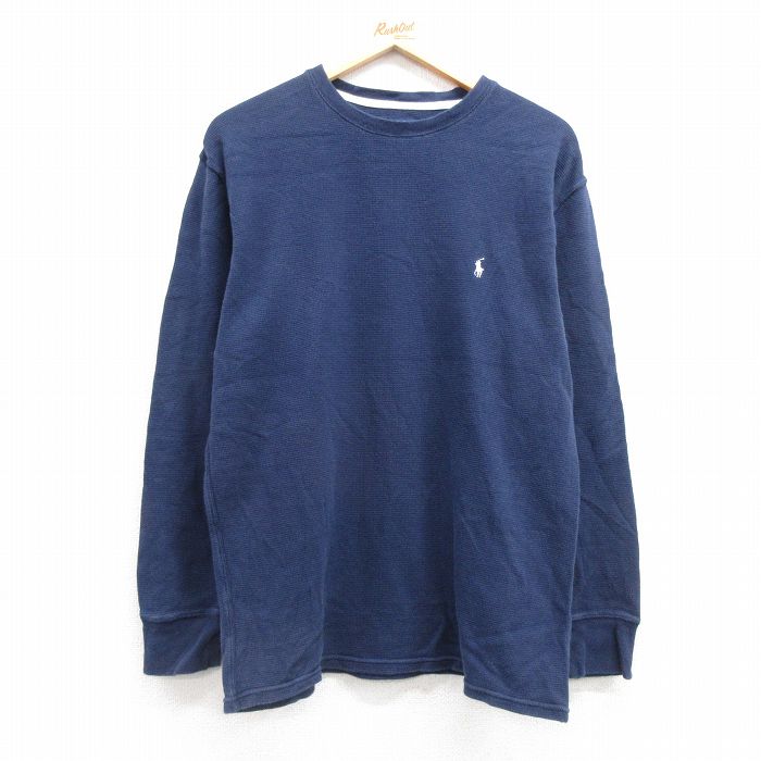 XL★古着 ラルフローレン Ralph Lauren 長袖 ブランド サーマル Tシャツ メンズ ワンポイントロゴ 大きいサイズ コットン クルーネック 紺 ネイビー 25feb27 中古