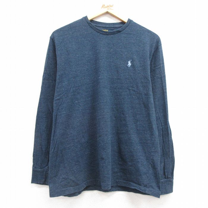 L★古着 ラルフローレン Ralph Lauren 長袖 ブランド Tシャツ メンズ ワンポイントロゴ コットン クルーネック 紺 ネイビー 霜降り 25feb27 中古