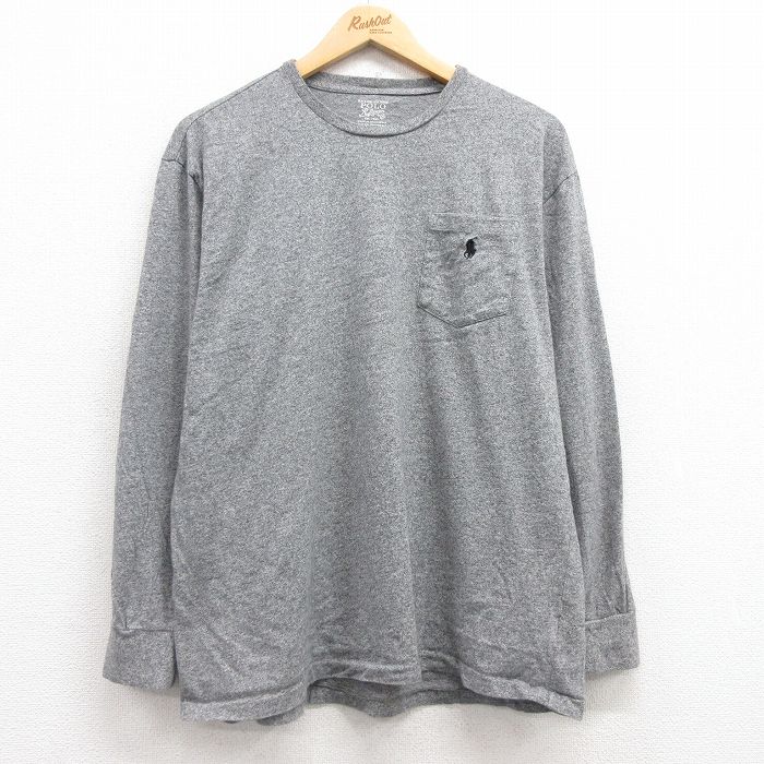L★古着 ラルフローレン Ralph Lauren 長袖 ブランド Tシャツ メンズ ワンポイントロゴ 胸ポケット付き コットン クルーネック グレー 霜降り 25feb27 中古