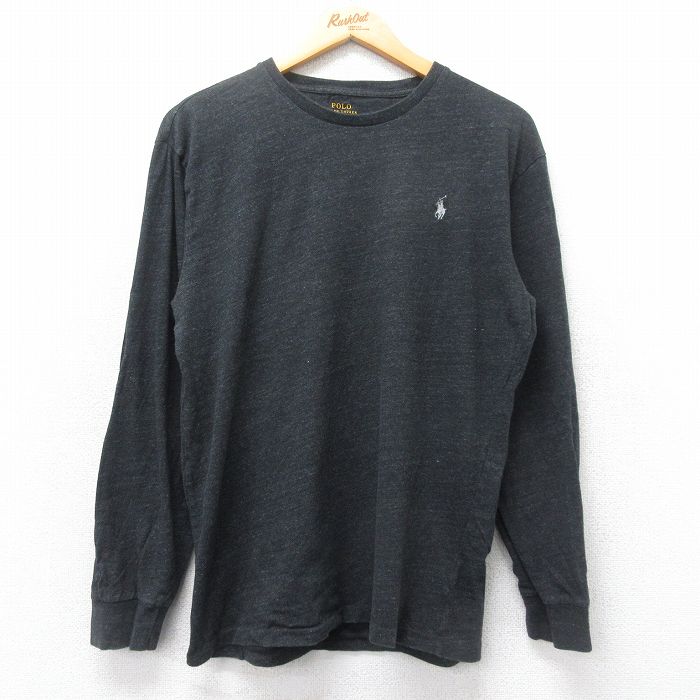 L★古着 ラルフローレン Ralph Lauren 長袖 ブランド Tシャツ メンズ ワンポイントロゴ コットン クルーネック 黒 ブラック 霜降り 25feb27 中古