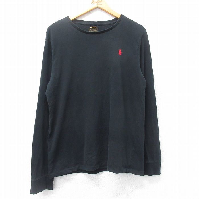 L★古着 ラルフローレン Ralph Lauren 長袖 ブランド Tシャツ メンズ ワンポイントロゴ クルーネック 黒 ブラック 25feb27 中古