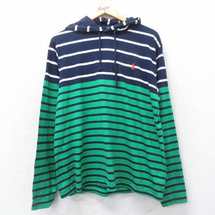 XL★古着 ラルフローレン Ralph Lauren 長袖 ブランド Tシャツ パーカー メンズ ワンポイントロゴ コットン 紺他 ネイビー ボーダー 25feb27 中古