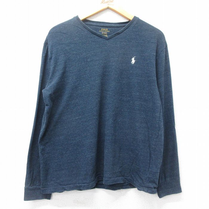 L★古着 ラルフローレン Ralph Lauren 長袖 ブランド Tシャツ メンズ ワンポイントロゴ コットン Vネック 紺 ネイビー 霜降り 25feb27 中古