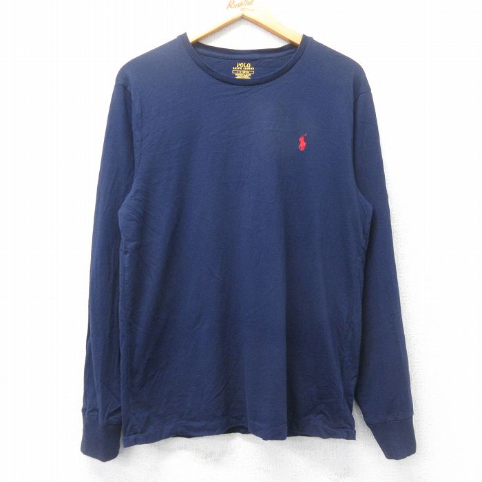 L★古着 ラルフローレン Ralph Lauren 長袖 ブランド Tシャツ メンズ ワンポイントロゴ コットン クルーネック 紺 ネイビー 25feb27 中古