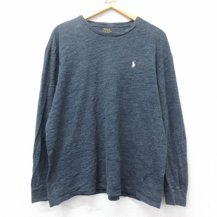 XL★古着 ラルフローレン Ralph Lauren 長袖 ブランド Tシャツ メンズ ワンポイントロゴ コットン クルーネック 紺 ネイビー 霜降り 25feb27 中古