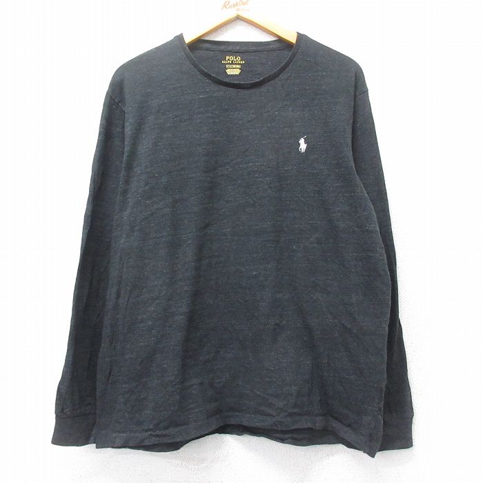 XL★古着 ラルフローレン Ralph Lauren 長袖 ブランド Tシャツ メンズ ワンポイントロゴ クルーネック 黒 ブラック 霜降り 25feb27 中古
