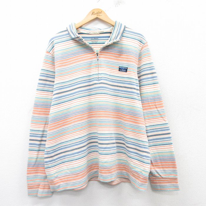 XL★古着 エルエルビーン LLBEAN 長袖 ハーフジップ Tシャツ パーカー メンズ ワンポイントロゴ 大きいサイズ オレンジ他 ボーダー 25feb28 中古