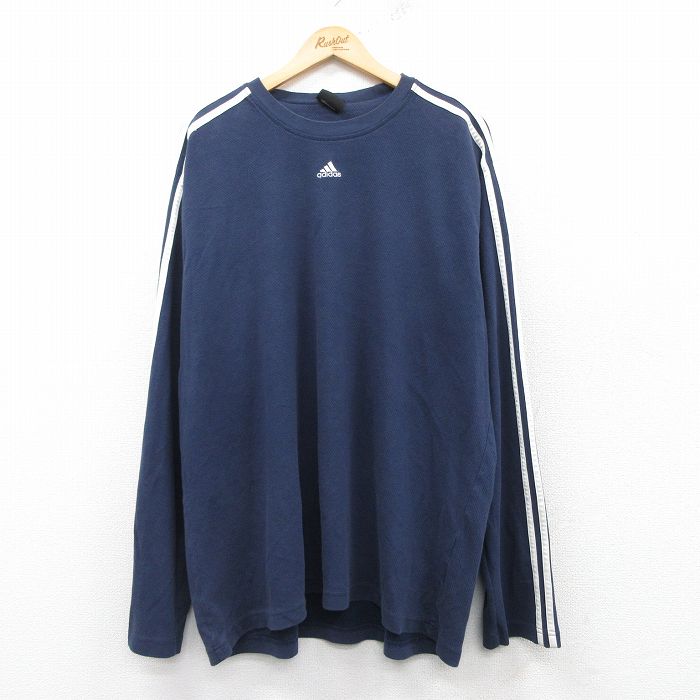 XL★古着 アディダス adidas 長袖 Tシャツ メンズ ワンポイントロゴ 大きいサイズ クルーネック 紺 ネイビー 3本ライン 25feb28 中古