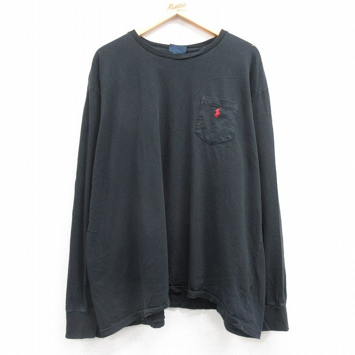 XL★古着 ラルフローレン Ralph Lauren 長袖 ブランド Tシャツ メンズ 90年代 90s ワンポイントロゴ 胸ポケット付き 大きいサイズ コットン クルーネック 黒 ブラック 25feb28 中古