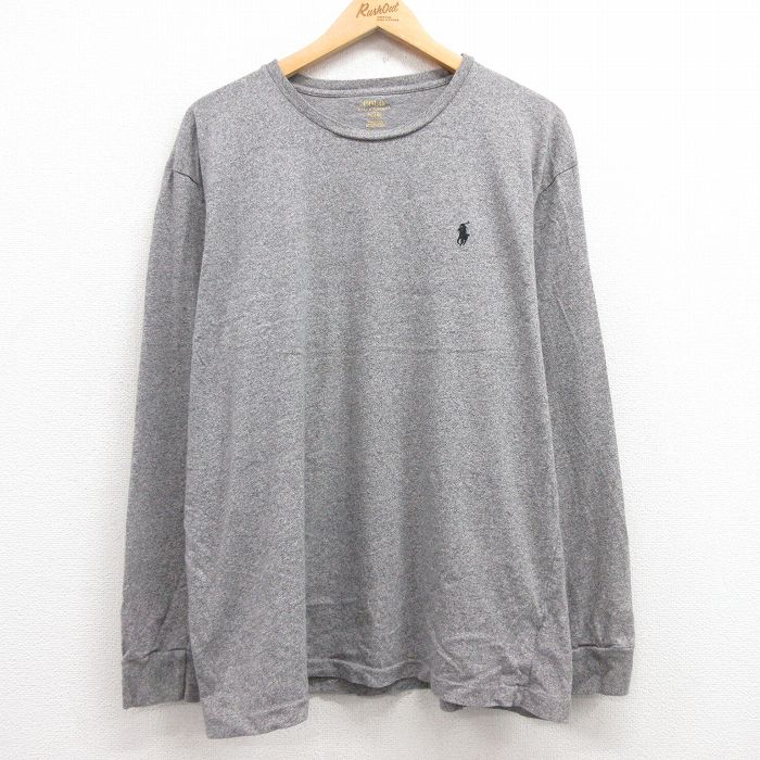 XL★古着 ラルフローレン Ralph Lauren 長袖 ブランド Tシャツ メンズ ワンポイントロゴ コットン クルーネック グレー 霜降り 25feb28 中古