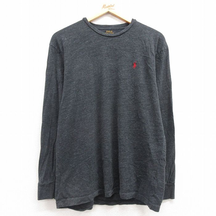 L★古着 ラルフローレン Ralph Lauren 長袖 ブランド Tシャツ メンズ ワンポイントロゴ コットン クルーネック 濃グレー 霜降り 25feb28 中古