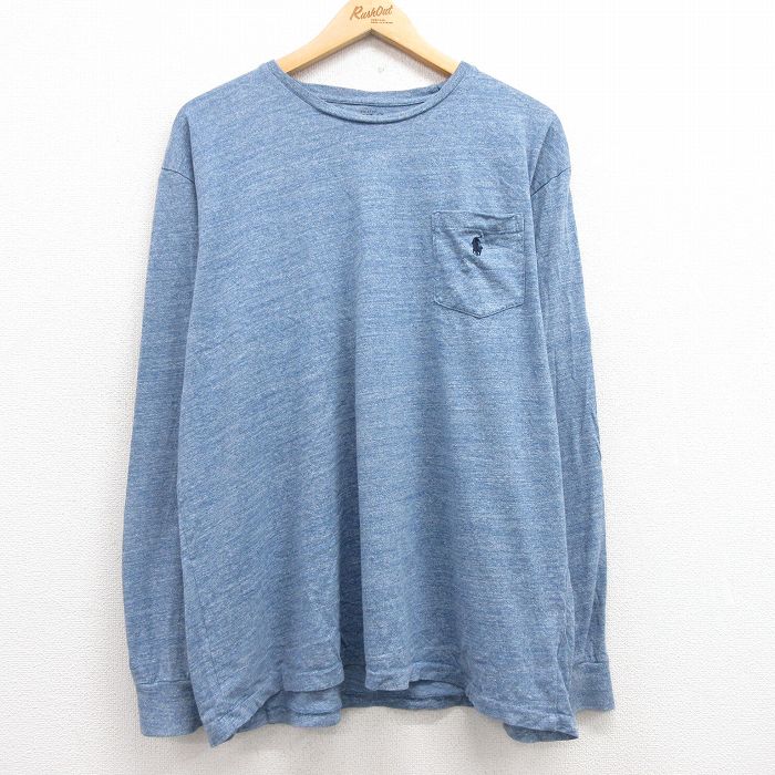 【20%OFF】XL★古着 ラルフローレン Ralph Lauren 長袖 ブランド Tシャツ メンズ ワンポイントロゴ 胸ポケット付き 大きいサイズ コットン クルーネック 紺 ネイビー 霜降り 25feb28 中古