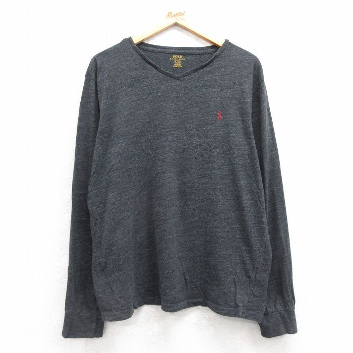 XL★古着 ラルフローレン Ralph Lauren 長袖 ブランド Tシャツ メンズ ワンポイントロゴ コットン Vネック 濃グレー 霜降り 25feb28 中古