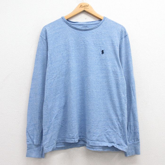 XL★古着 ラルフローレン Ralph Lauren 長袖 ブランド Tシャツ メンズ ワンポイントロゴ コットン クルーネック 薄紺 ネイビー 霜降り 25feb28 中古