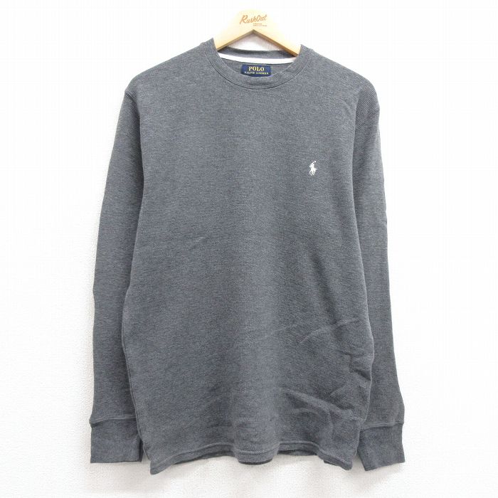 XL★古着 ラルフローレン Ralph Lauren 長袖 ブランド サーマル Tシャツ メンズ ワンポイントロゴ コットン クルーネック グレー 霜降り 25feb28 中古